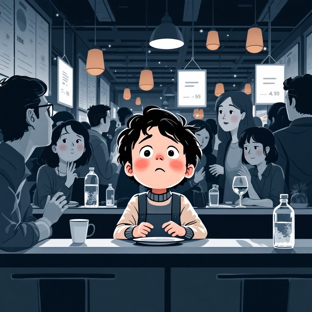 Illustration of a child feeling overwhelmed in a busy social situation
