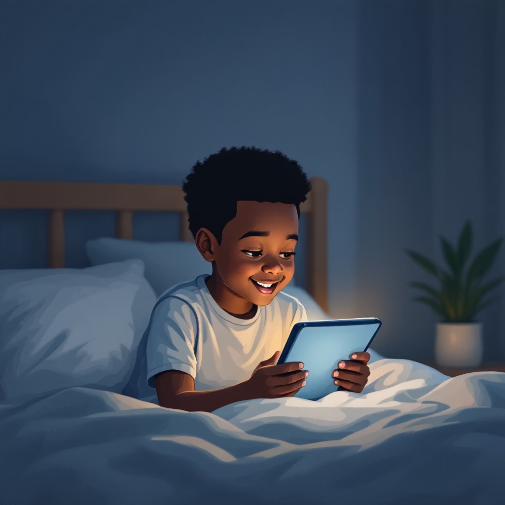 A happy child reading Sammy Stories on a tablet in a cozy setting