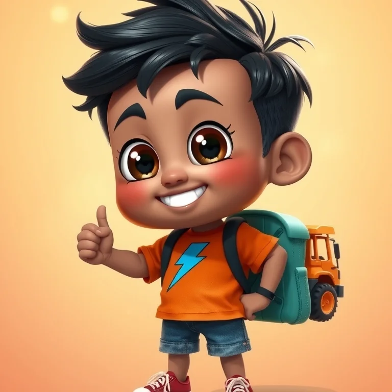 Dem, an energetic 7-year-old South Asian boy with messy dark hair, wearing an orange lightning bolt t-shirt and red sneakers