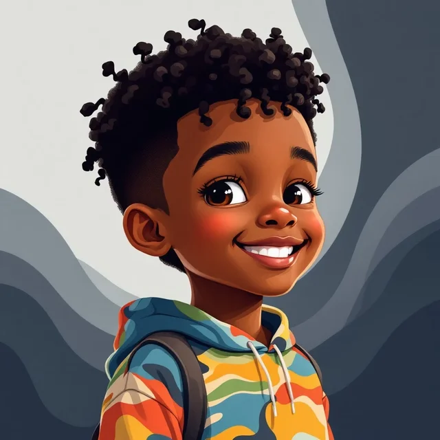Sammy, a cheerful 7-year-old Nigerian boy with tight curly black hair, warm smile, wearing a colorful camo-wave hoodie and dark backpack