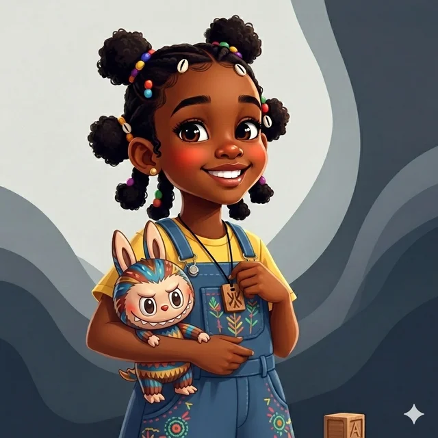 Zee, a cheerful 5-year-old Nigerian girl with curly black puff-ball hair decorated with colorful beads, holding her plush owl toy - Sammy's younger sister